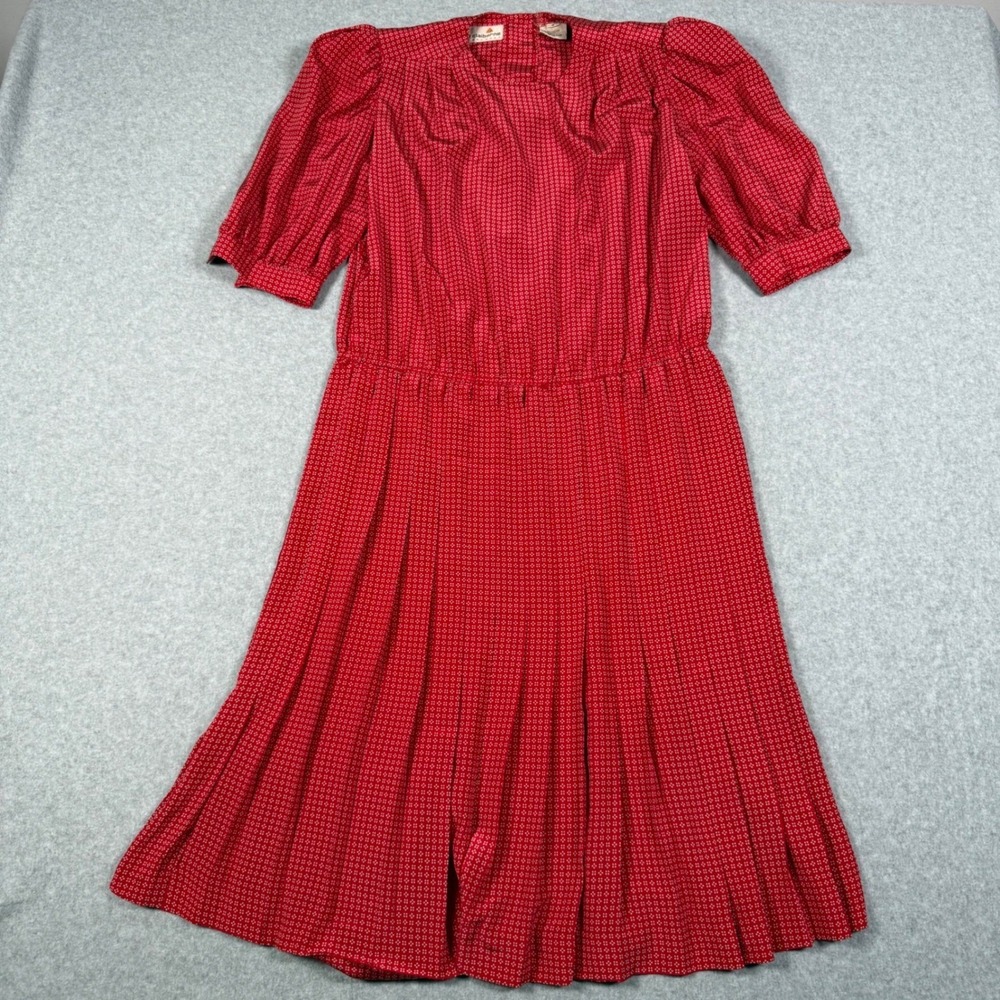 Liz Claiborne Vintage 80s Red Geometric Pleated Midi Dress Puff Sleeve 6 Modest